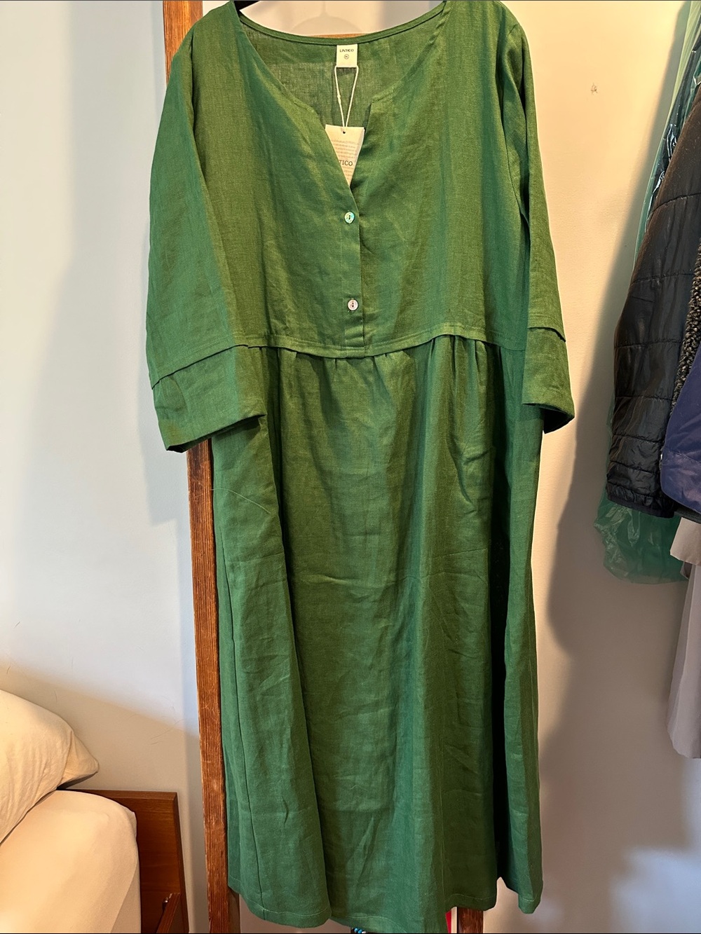 100% Linen Loose Fit Button Waist Gathered Midi Dress LUNA